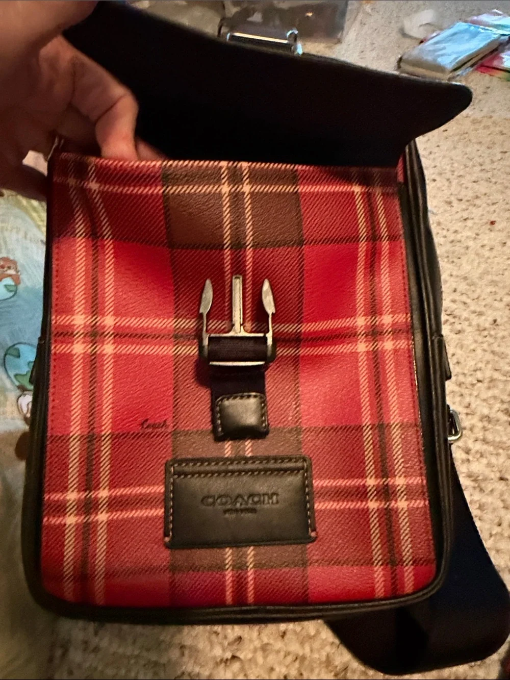 Coach Red Plaid Crossbody Messenger W/Black Trim CC029 W/Mini Card/Coin Wallet